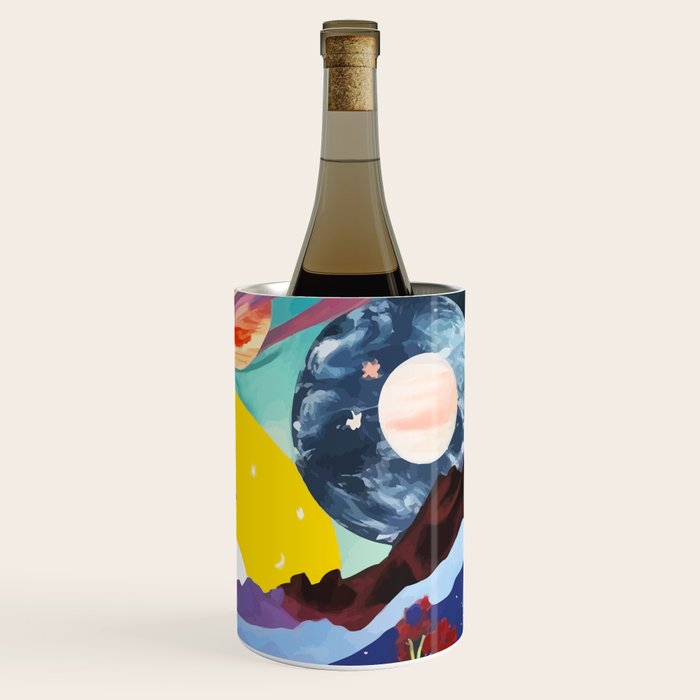 The Inner Space Landscape, Abstract Planets Painting Eclectic, Voyage Sun Moon Stars Voyage, Mountains Mars Bohemian Fantasy Wine Chiller Gallery Image 3
