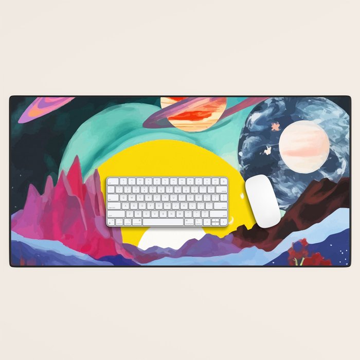 The Inner Space Landscape, Abstract Planets Painting Eclectic, Voyage Sun Moon Stars Voyage, Mountains Mars Bohemian Fantasy Desk Mat Gallery Image 1