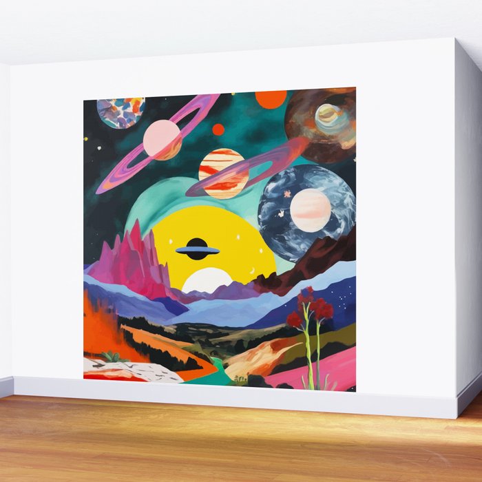 The Inner Space Landscape, Abstract Planets Painting Eclectic, Voyage Sun Moon Stars Voyage, Mountains Mars Bohemian Fantasy Wall Mural Gallery Image 2