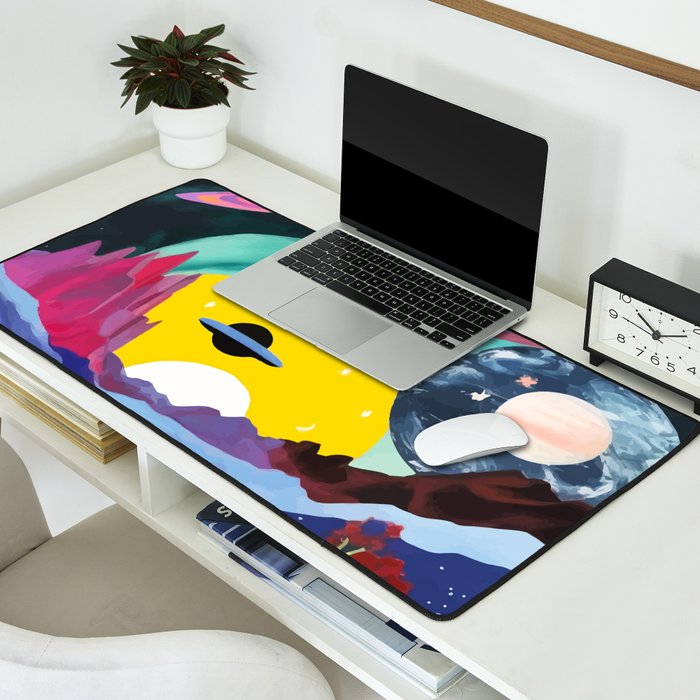 The Inner Space Landscape, Abstract Planets Painting Eclectic, Voyage Sun Moon Stars Voyage, Mountains Mars Bohemian Fantasy Desk Mat Gallery Image 2