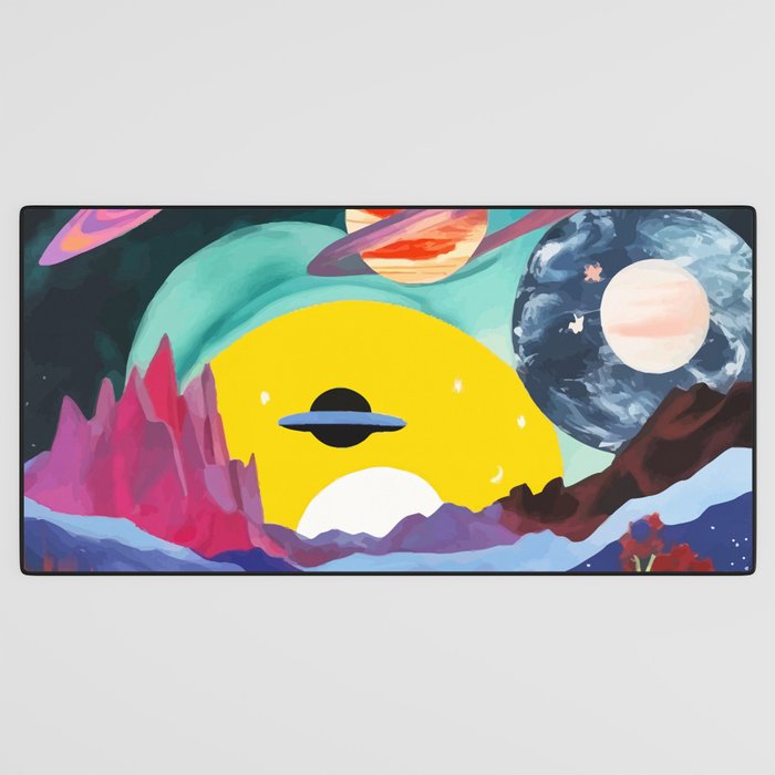 The Inner Space Landscape, Abstract Planets Painting Eclectic, Voyage Sun Moon Stars Voyage, Mountains Mars Bohemian Fantasy Desk Mat Gallery Image 3