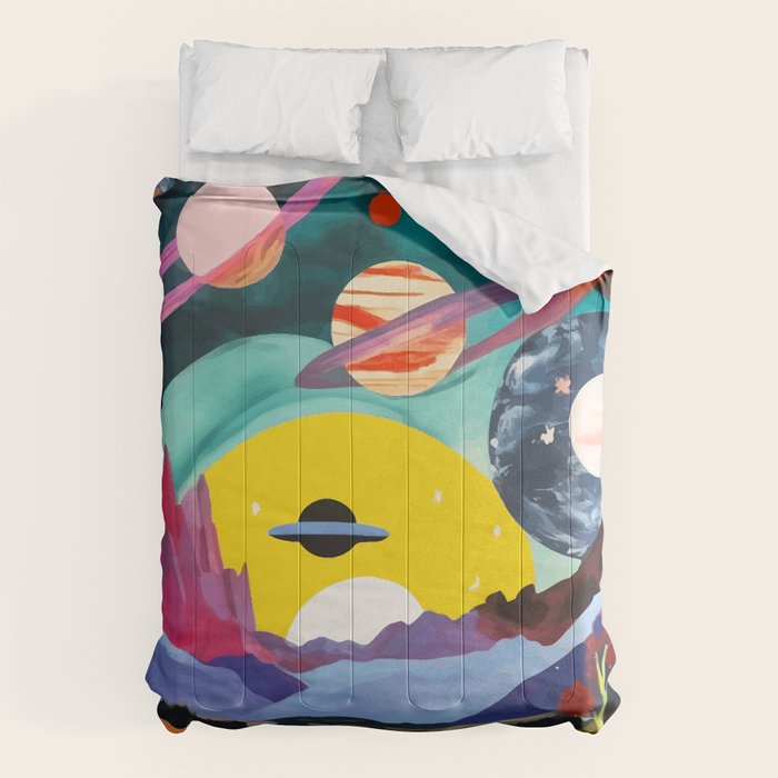 The Inner Space Landscape, Abstract Planets Painting Eclectic, Voyage Sun Moon Stars Voyage, Mountains Mars Bohemian Fantasy Comforter Gallery Image 6