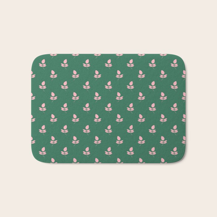 Retro Pink Leaf Pattern - Green Background Bath Mat Gallery Image 1