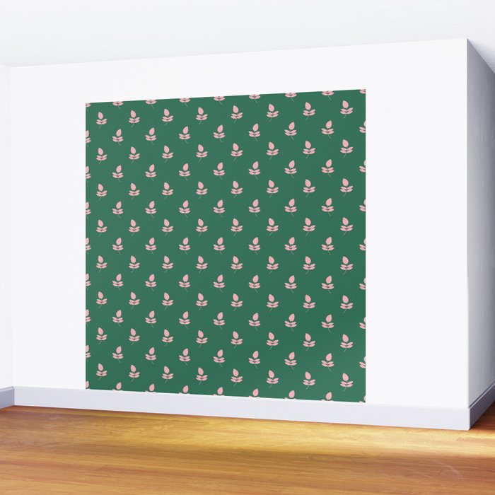 Retro Pink Leaf Pattern - Green Background Wall Mural Gallery Image 2