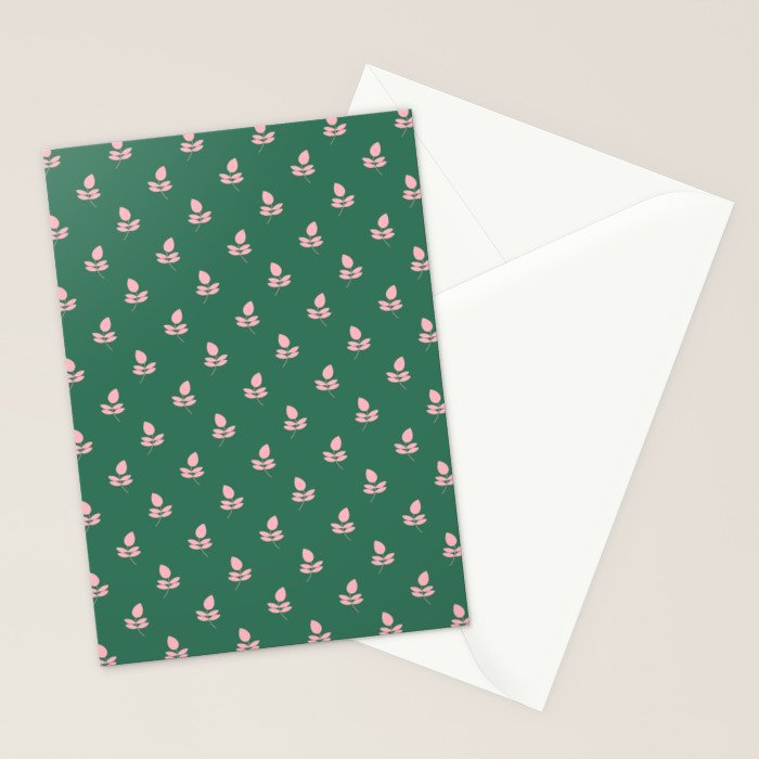 Retro Pink Leaf Pattern - Green Background Stationery Card Gallery Image 2
