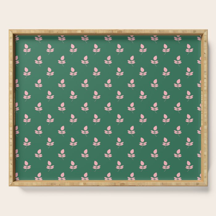 Retro Pink Leaf Pattern - Green Background Serving Tray Gallery Image 1