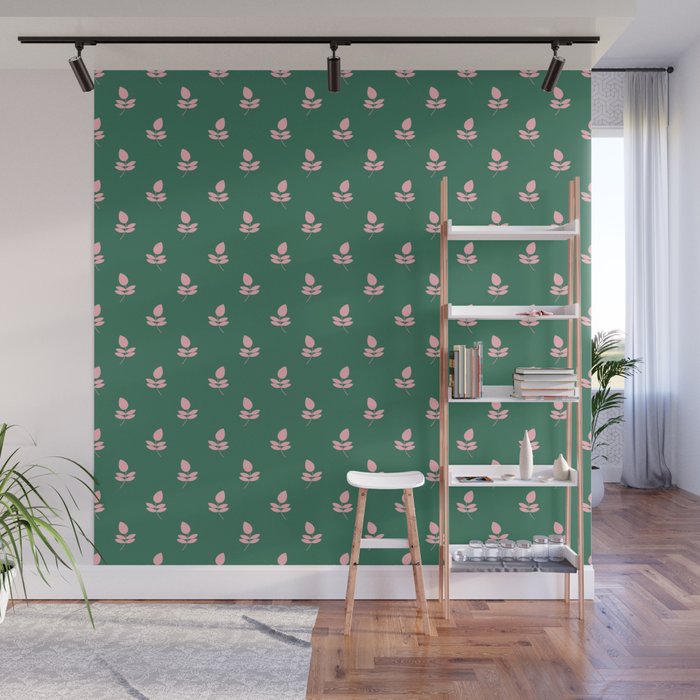 Retro Pink Leaf Pattern - Green Background Wall Mural Gallery Image 1