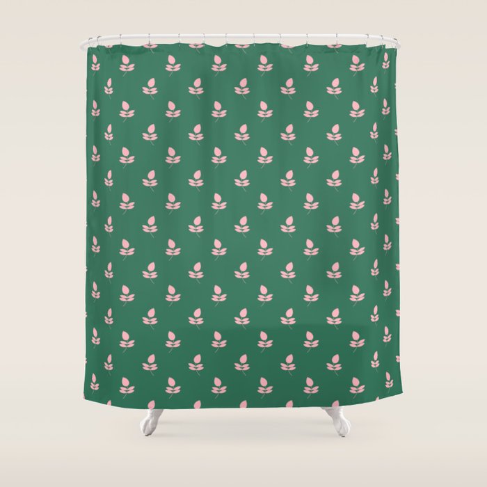 Retro Pink Leaf Pattern - Green Background Shower Curtain Gallery Image 1