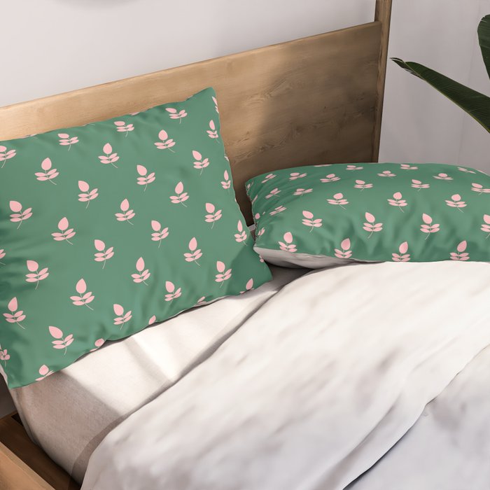 Retro Pink Leaf Pattern - Green Background Pillow Sham Gallery Image 2