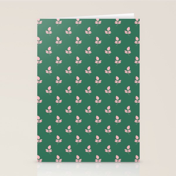 Retro Pink Leaf Pattern - Green Background Stationery Card Gallery Image 1