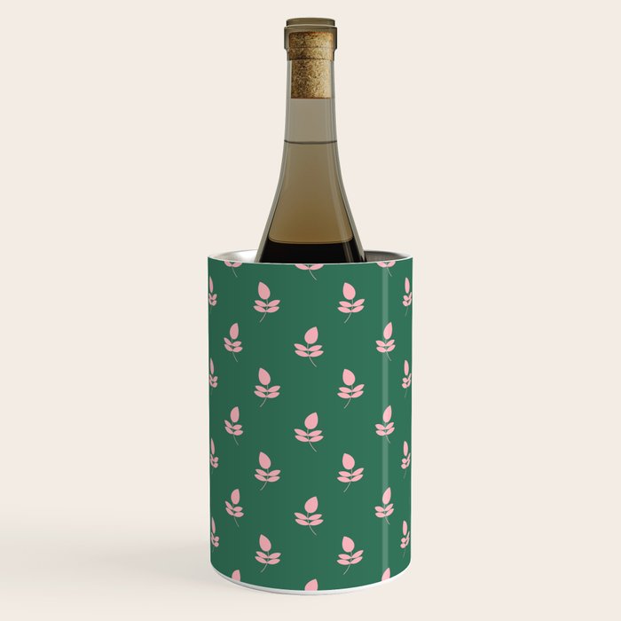 Retro Pink Leaf Pattern - Green Background Wine Chiller Gallery Image 1