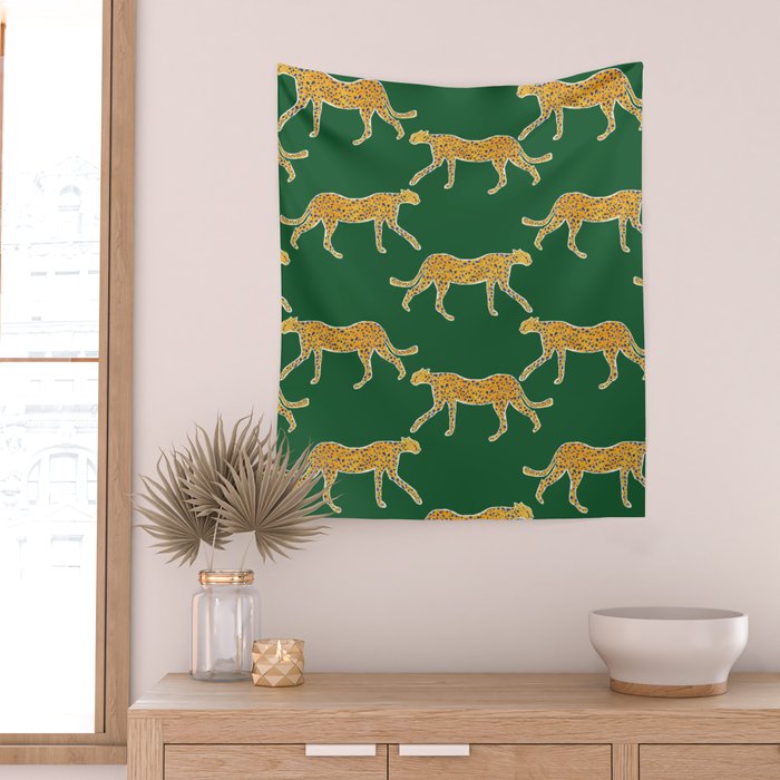 Tropical Animal Print Green Cheetah Illustration Wall Tapestry Gallery Image 2