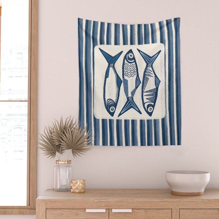 Modern Coastal Art Print - Sardines With Blue Stripes Wall Tapestry Gallery Image 2