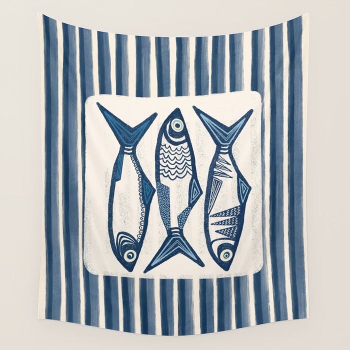 Modern Coastal Art Print - Sardines With Blue Stripes Wall Tapestry Gallery Image 4