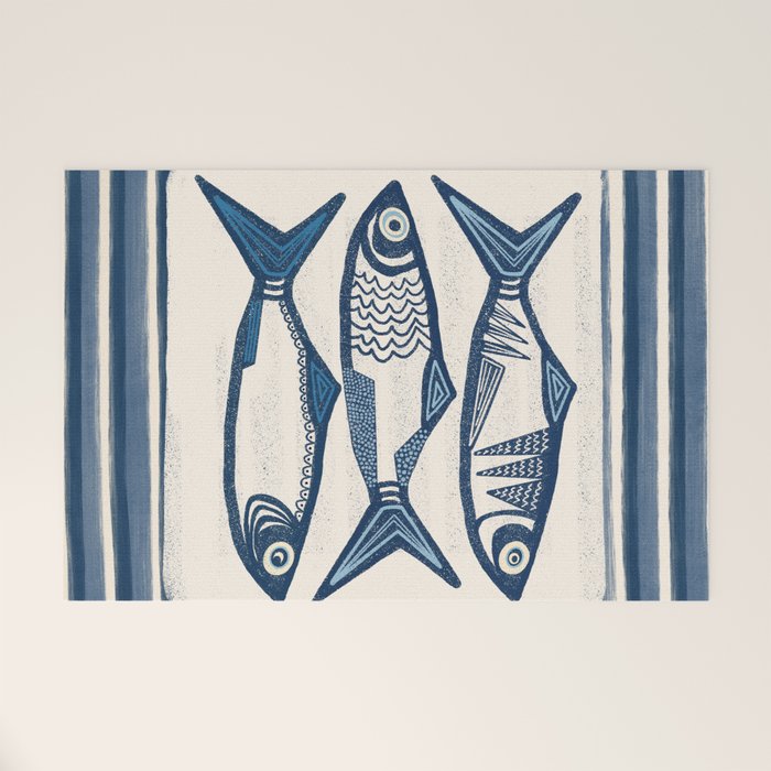 Modern Coastal Art Print - Sardines With Blue Stripes Welcome Mat Gallery Image 1