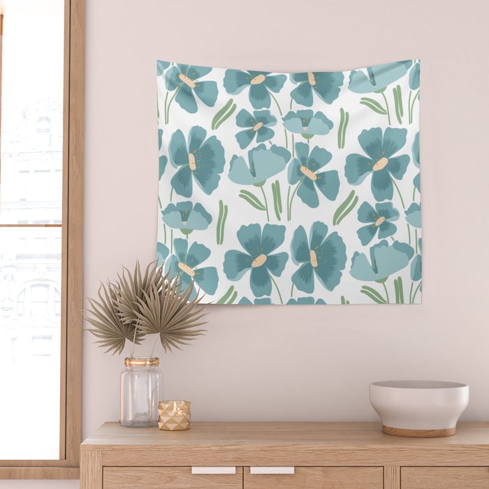 Harleigh Floral Art, Teal and White Wall Tapestry Gallery Image 2
