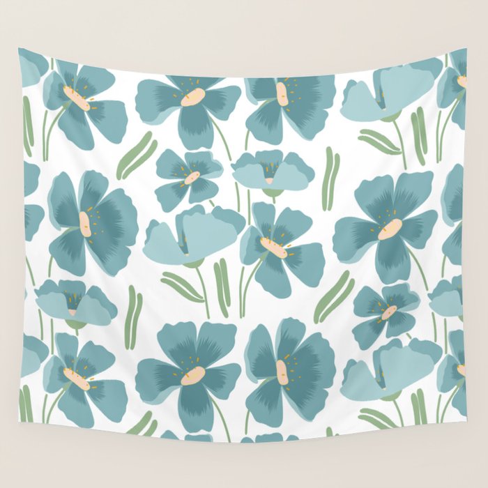 Harleigh Floral Art, Teal and White Wall Tapestry Gallery Image 4