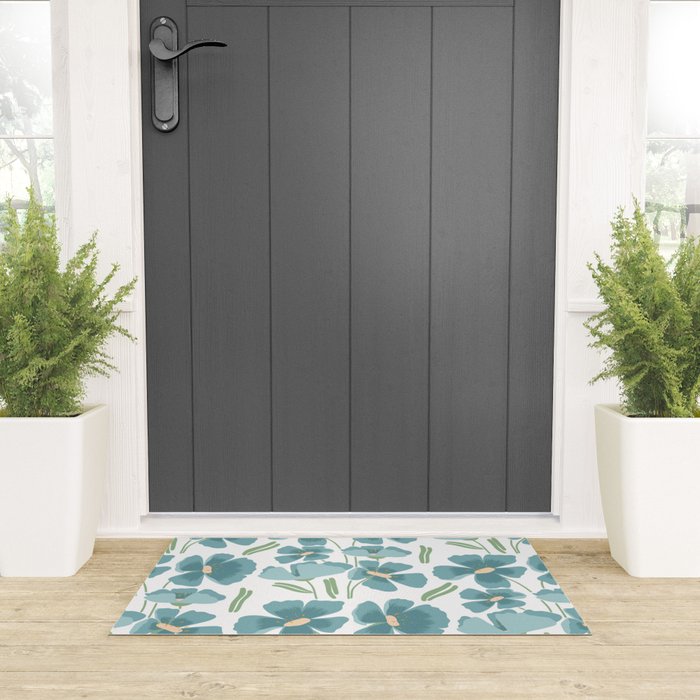 Harleigh Floral Art, Teal and White Welcome Mat Gallery Image 3