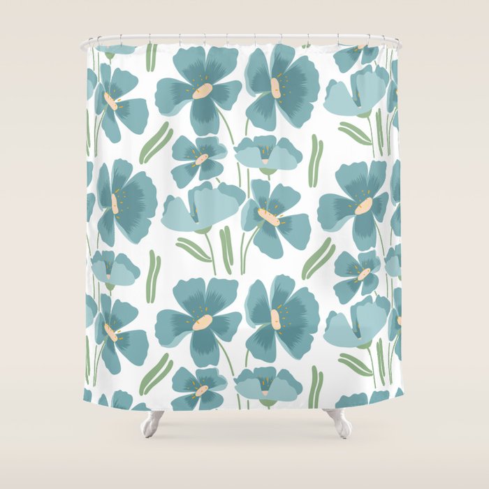 Harleigh Floral Art, Teal and White Shower Curtain Gallery Image 1