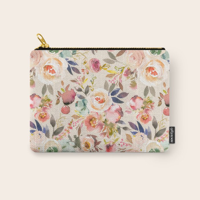 Hand painted ivory pink brown watercolor country floral Carry All Pouch Gallery Image 1