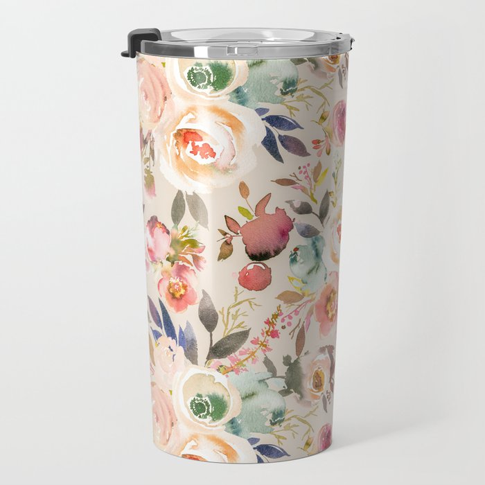 Hand painted ivory pink brown watercolor country floral Travel Mug Gallery Image 3