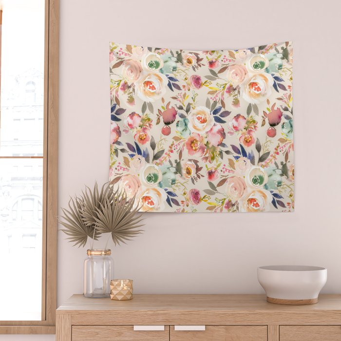 Hand painted ivory pink brown watercolor country floral Wall Tapestry Gallery Image 2