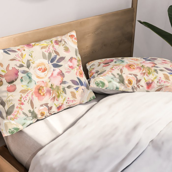 Hand painted ivory pink brown watercolor country floral Pillow Sham Gallery Image 2