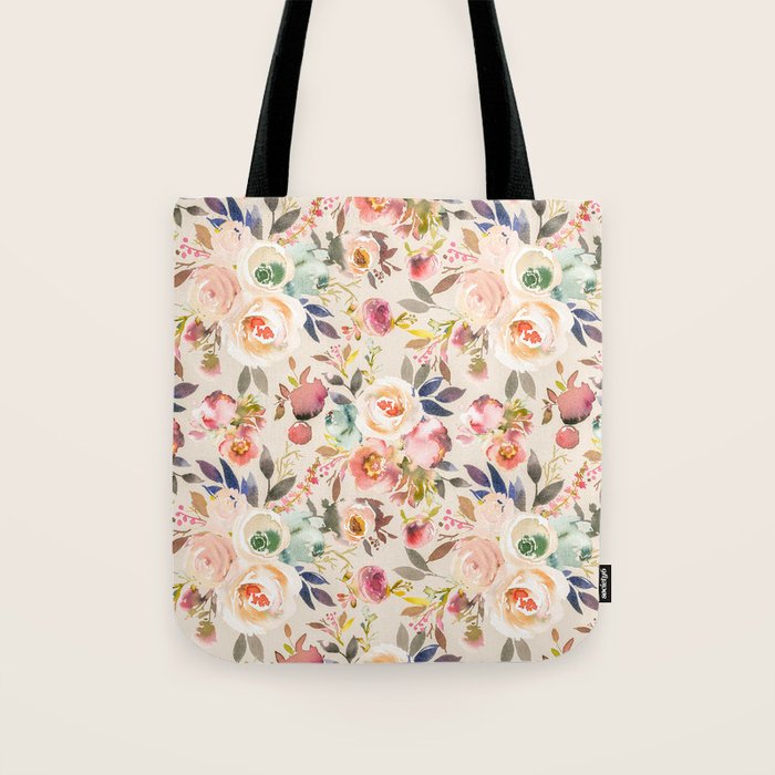 Hand painted ivory pink brown watercolor country floral Tote Bag Gallery Image 1