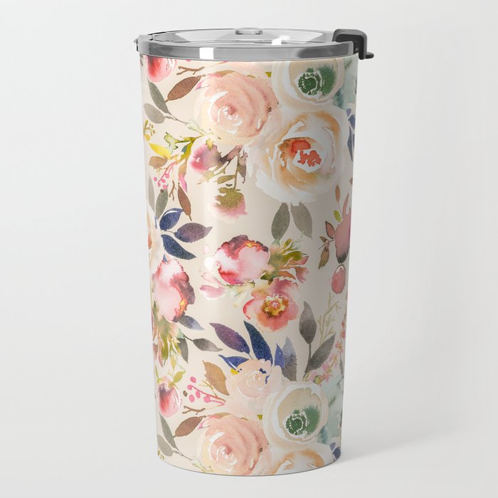 Hand painted ivory pink brown watercolor country floral Travel Mug Gallery Image 2