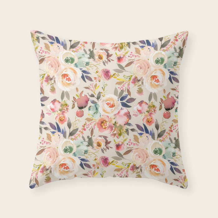 Hand painted ivory pink brown watercolor country floral Throw Pillow Gallery Image 1