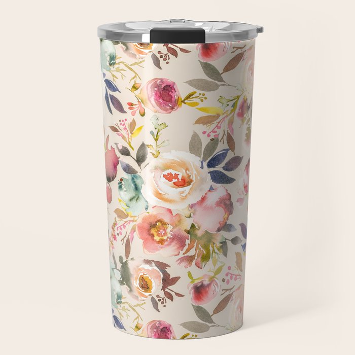 Hand painted ivory pink brown watercolor country floral Travel Mug Gallery Image 1