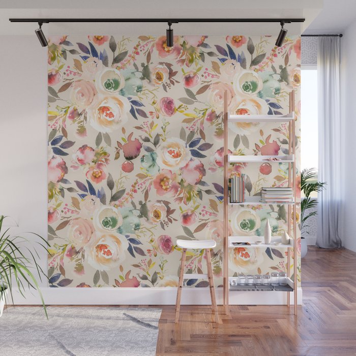 Hand painted ivory pink brown watercolor country floral Wall Mural Gallery Image 1