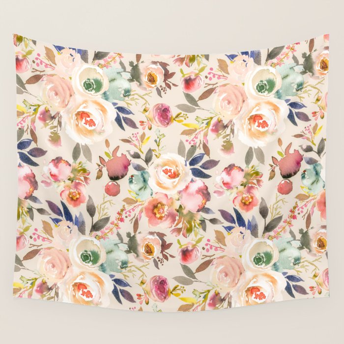 Hand painted ivory pink brown watercolor country floral Wall Tapestry Gallery Image 4
