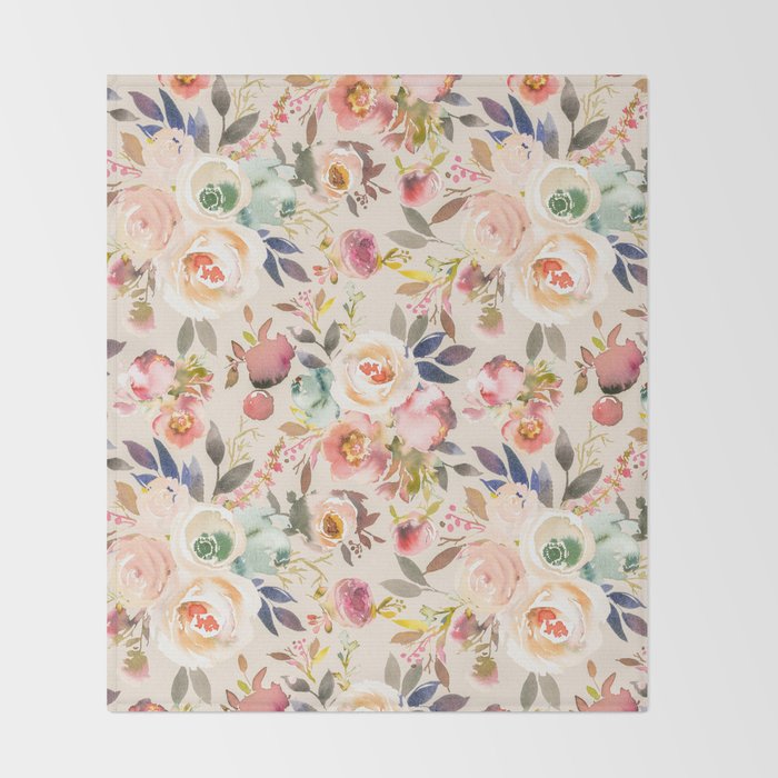 Hand painted ivory pink brown watercolor country floral Throw Blanket Gallery Image 2