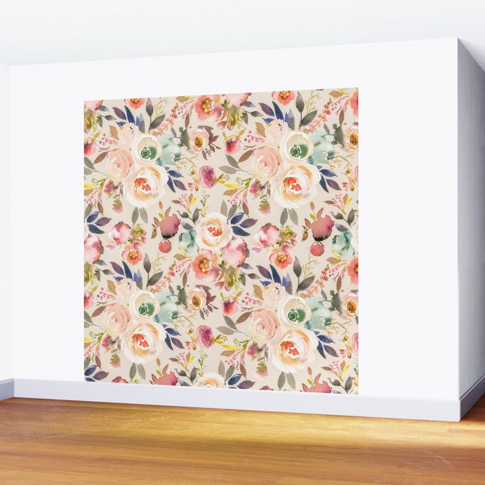 Hand painted ivory pink brown watercolor country floral Wall Mural Gallery Image 2