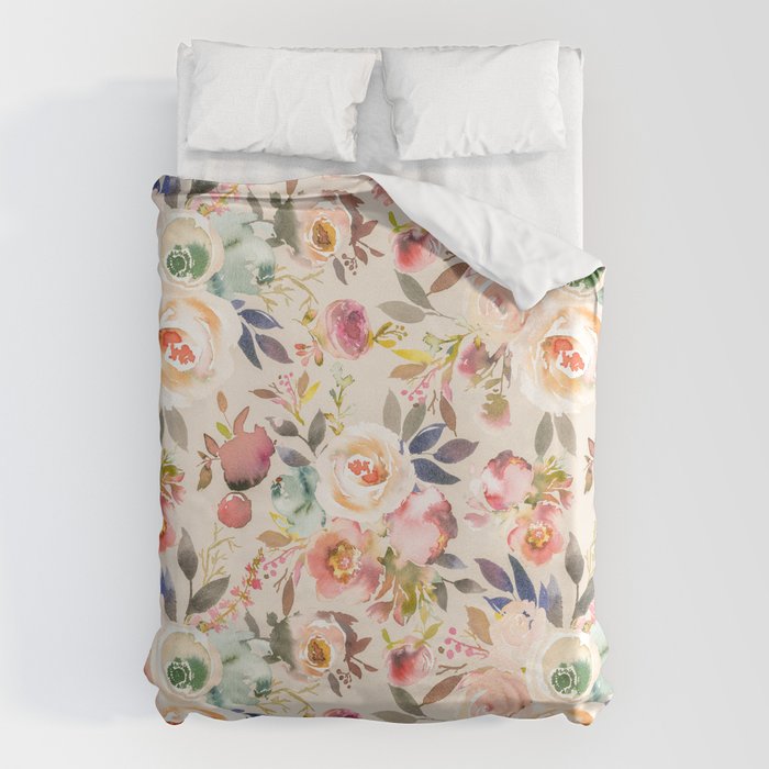 Hand painted ivory pink brown watercolor country floral Duvet Cover Gallery Image 1