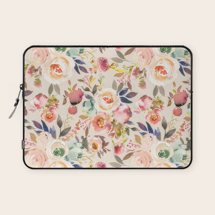 Hand painted ivory pink brown watercolor country floral Laptop Sleeve Gallery Image 1