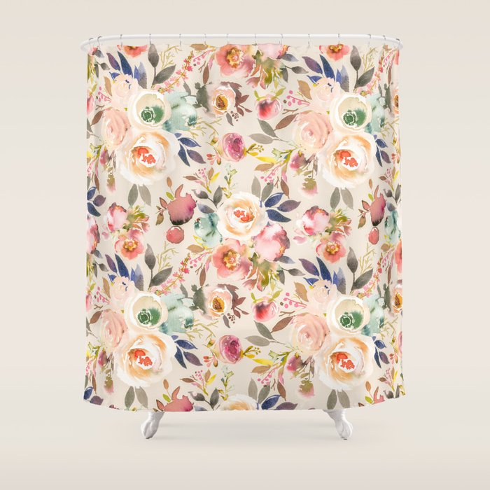 Hand painted ivory pink brown watercolor country floral Shower Curtain Gallery Image 1