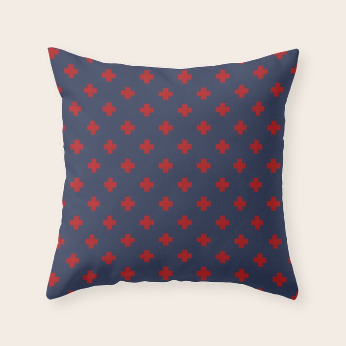 Red Swiss Cross Pattern on Navy Blue background Throw Pillow Gallery Image 6