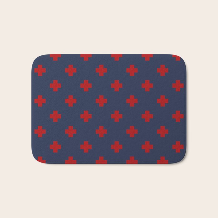 Red Swiss Cross Pattern on Navy Blue background Bath Mat Gallery Image 1