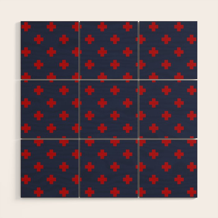 Red Swiss Cross Pattern on Navy Blue background Wood Wall Art Gallery Image 1