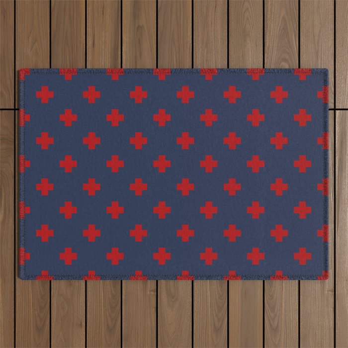 Red Swiss Cross Pattern on Navy Blue background Outdoor Rug Gallery Image 1