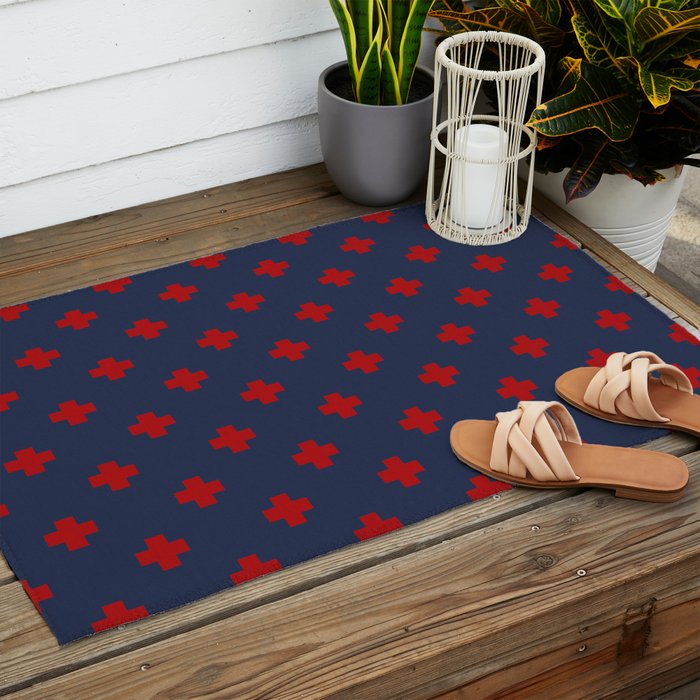 Red Swiss Cross Pattern on Navy Blue background Outdoor Rug Gallery Image 2