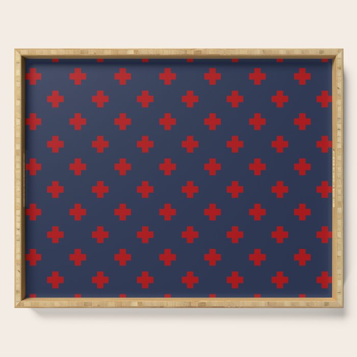 Red Swiss Cross Pattern on Navy Blue background Serving Tray Gallery Image 1