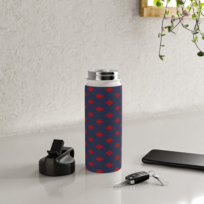 Red Swiss Cross Pattern on Navy Blue background Water Bottle Gallery Image 4