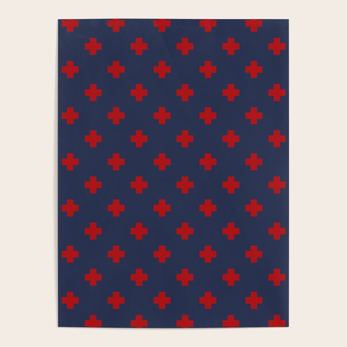 Red Swiss Cross Pattern on Navy Blue background Poster Gallery Image 1