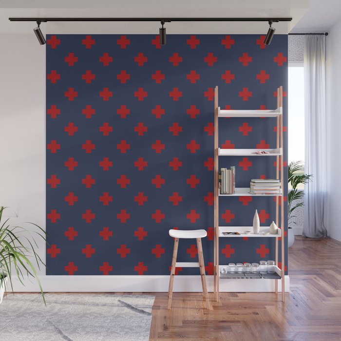Red Swiss Cross Pattern on Navy Blue background Wall Mural Gallery Image 1