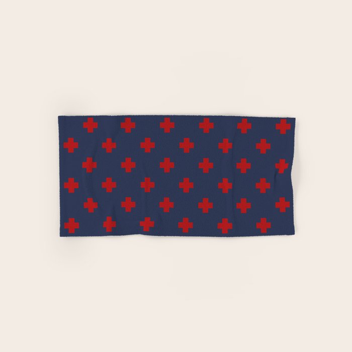 Red Swiss Cross Pattern on Navy Blue background Bath Towel Gallery Image 1