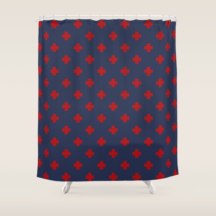 Red Swiss Cross Pattern on Navy Blue background Shower Curtain Gallery Image 1