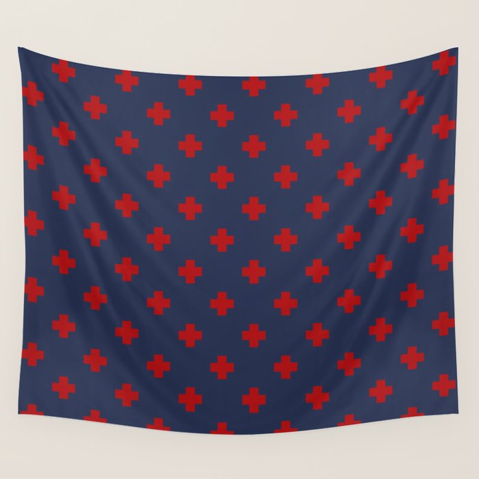 Red Swiss Cross Pattern on Navy Blue background Wall Tapestry Gallery Image 4